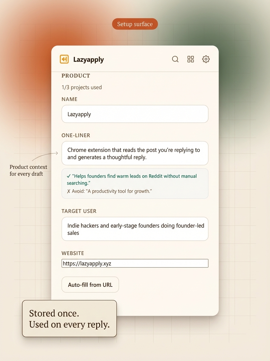 Lazyapply extension popup — product setup form