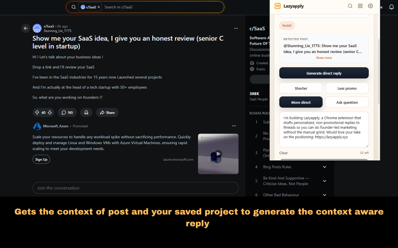 Lazyapply popup on Reddit, comment composer open with generated draft