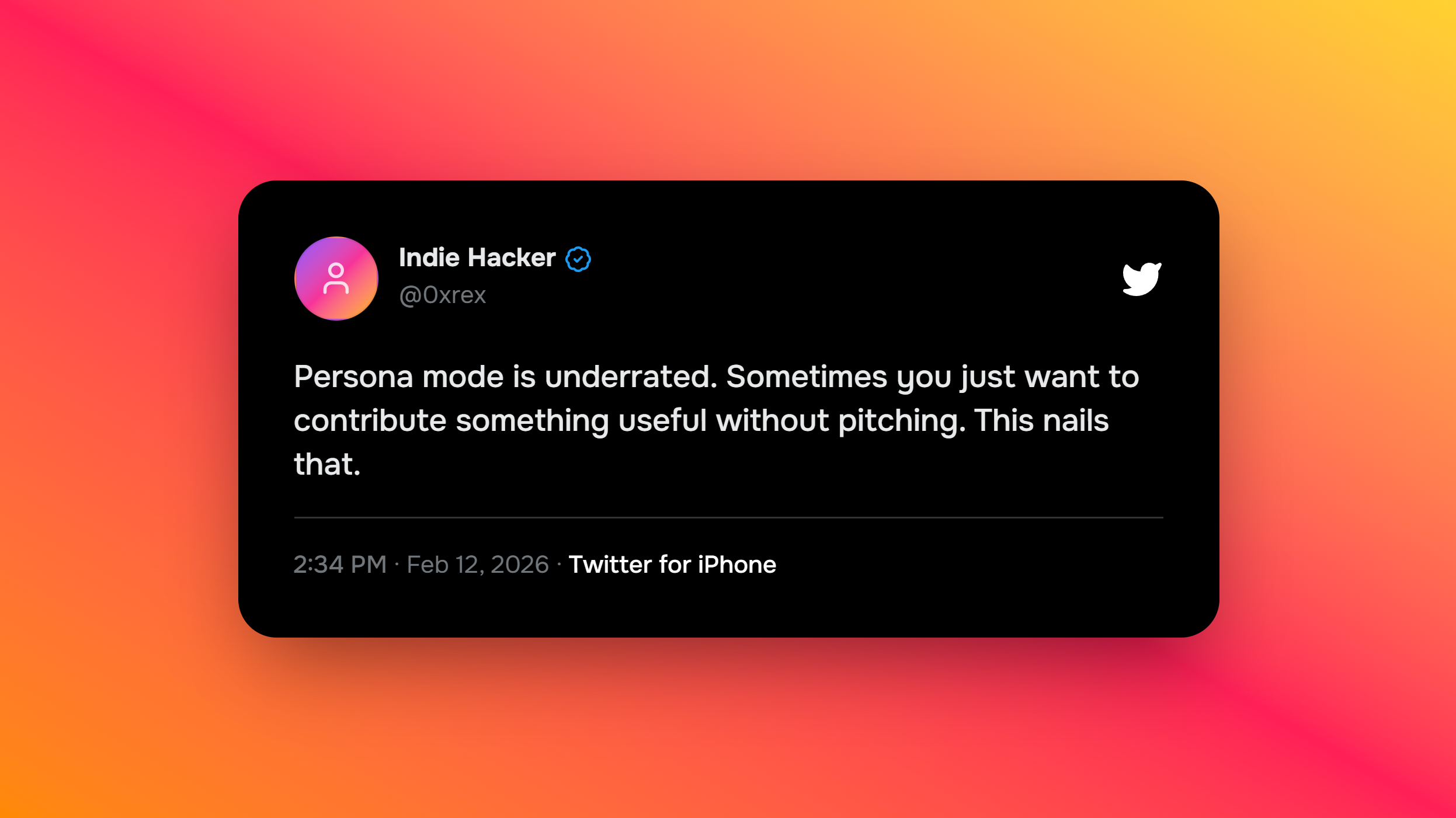 User testimonial: "Set my product memory once six weeks ago. Every reply still comes out knowing exactly what I'm building." — @mira_indie